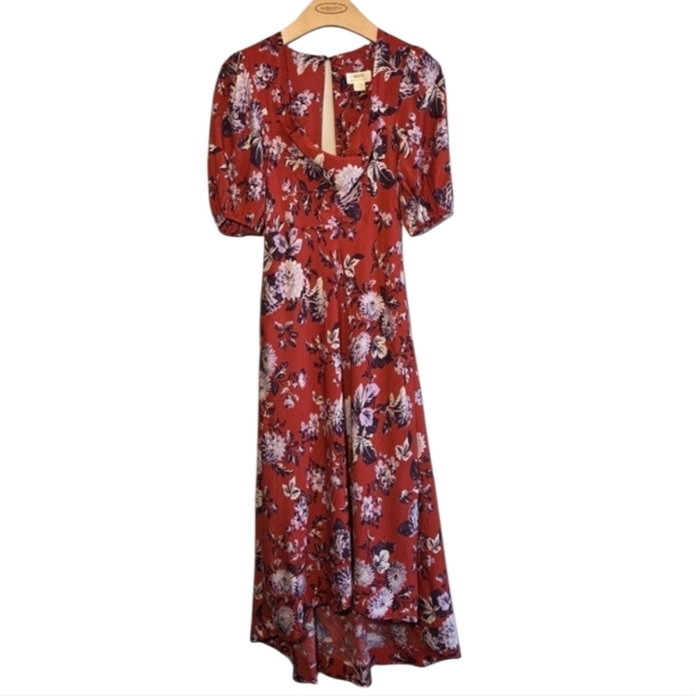 Maeve by Anthropologie Red Floral Puff Sleeve High Low Midi Dress Sz 00